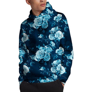 Blue Rose Floral Flower Pattern Print Pullover Hoodie