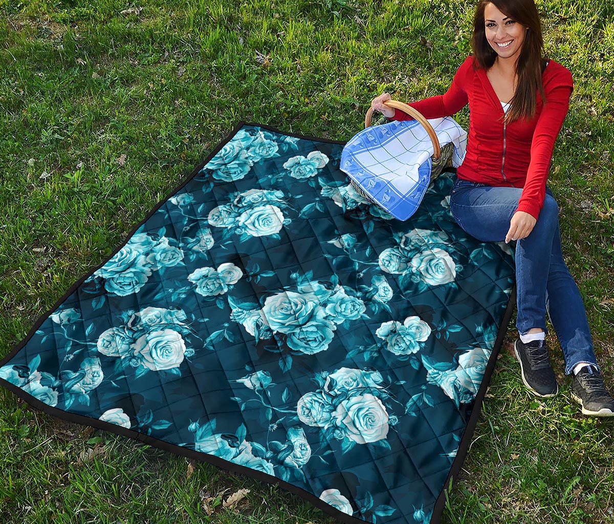 Blue Rose Floral Flower Pattern Print Quilt