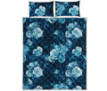 Blue Rose Floral Flower Pattern Print Quilt Bed Set