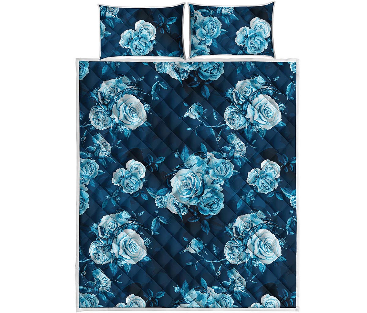 Blue Rose Floral Flower Pattern Print Quilt Bed Set