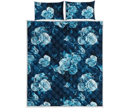 Blue Rose Floral Flower Pattern Print Quilt Bed Set