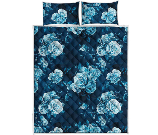 Blue Rose Floral Flower Pattern Print Quilt Bed Set