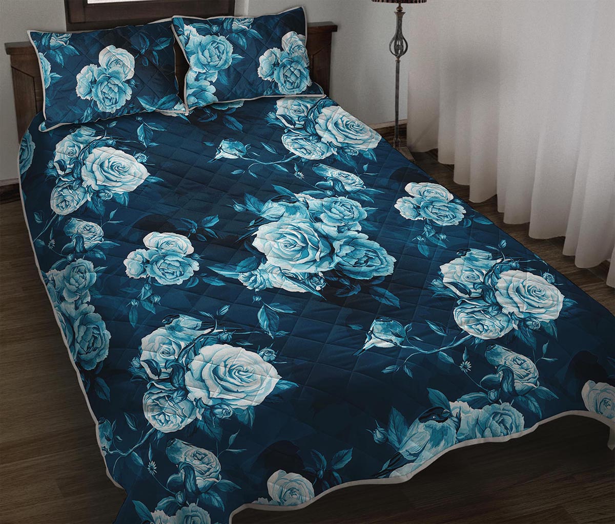 Blue Rose Floral Flower Pattern Print Quilt Bed Set
