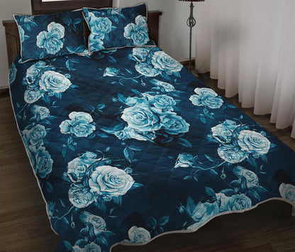 Blue Rose Floral Flower Pattern Print Quilt Bed Set