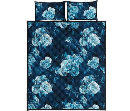 Blue Rose Floral Flower Pattern Print Quilt Bed Set