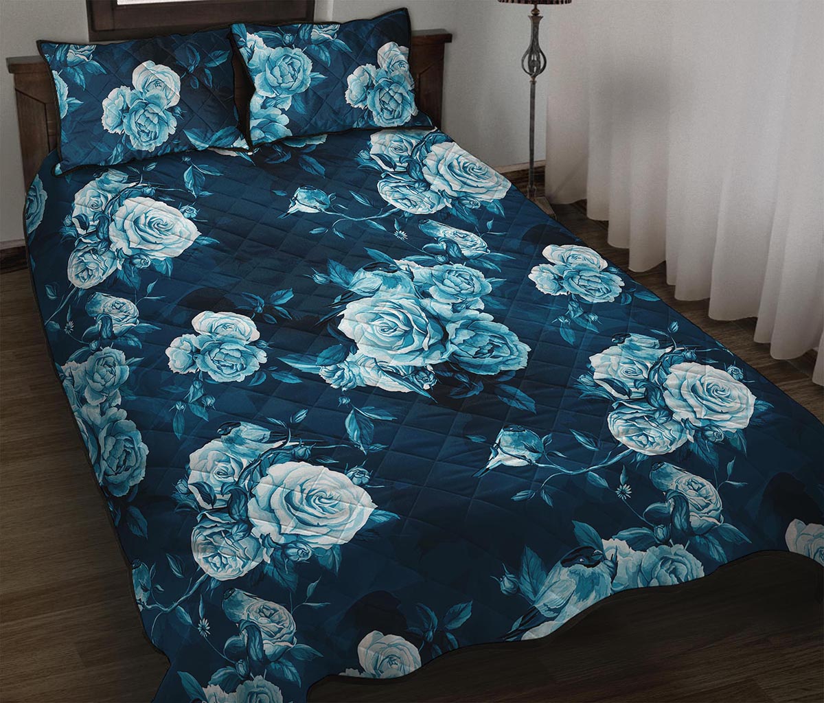 Blue Rose Floral Flower Pattern Print Quilt Bed Set