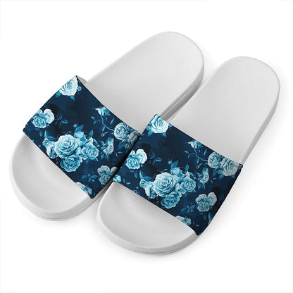 Blue Rose Floral Flower Pattern Print White Slide Sandals