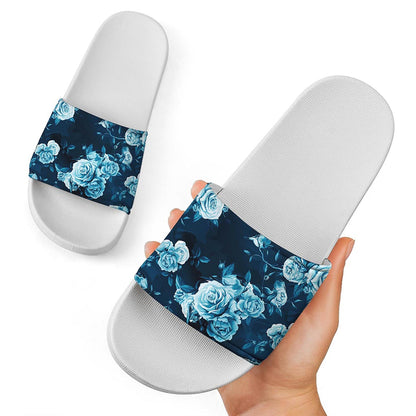 Blue Rose Floral Flower Pattern Print White Slide Sandals