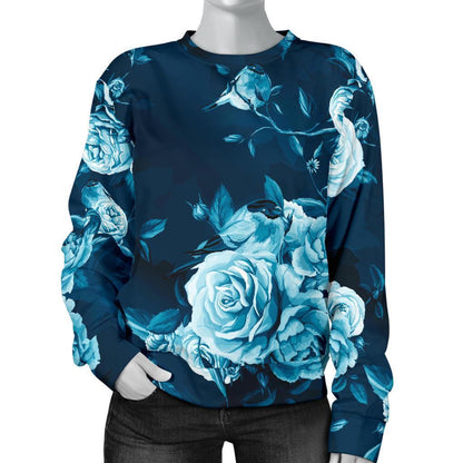 Blue Rose Floral Flower Pattern Print Women's Crewneck Sweatshirt GearFrost