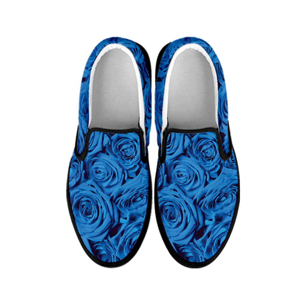 Blue Rose Print Black Slip On Shoes