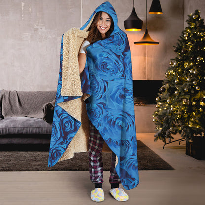 Blue Rose Print Hooded Blanket