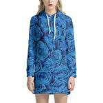 Blue Rose Print Hoodie Dress