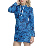 Blue Rose Print Hoodie Dress