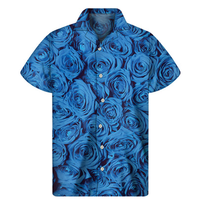 Blue Rose Print Men's Short Sleeve Shirt