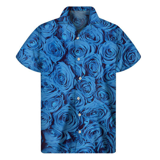 Blue Rose Print Men's Short Sleeve Shirt