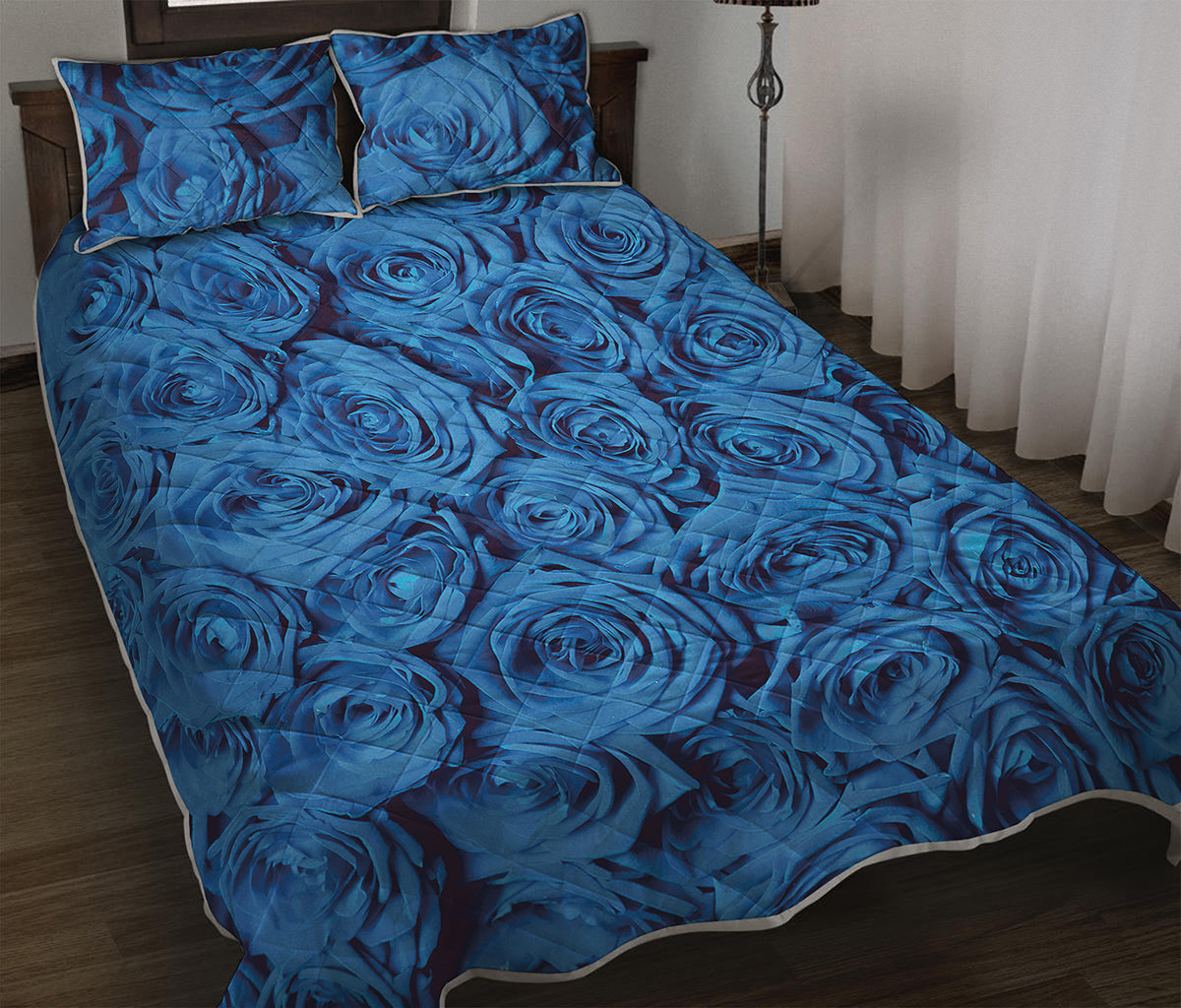 Blue Rose Print Quilt Bed Set