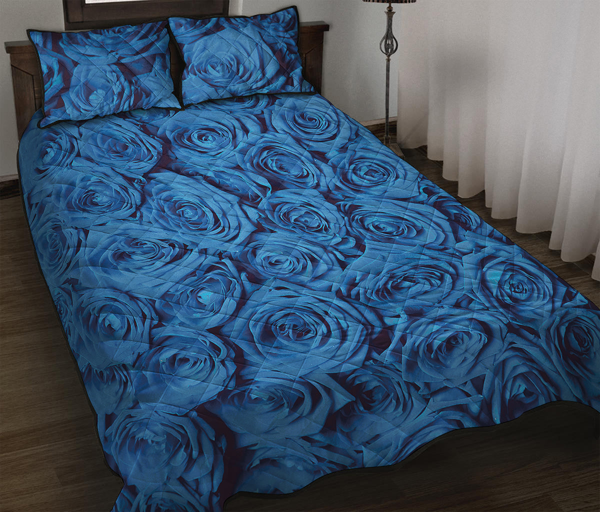 Blue Rose Print Quilt Bed Set