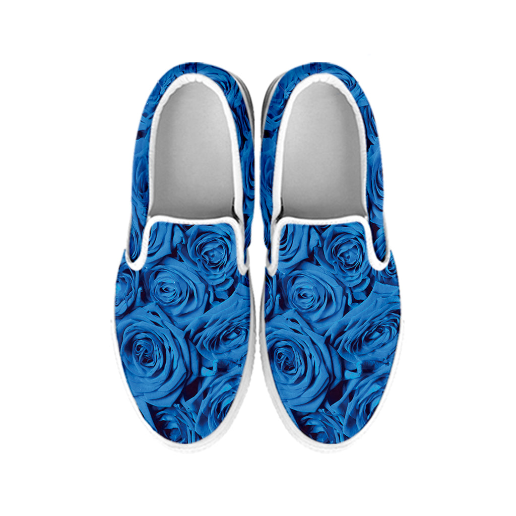 Blue Rose Print White Slip On Shoes