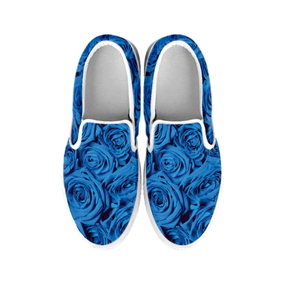 Blue Rose Print White Slip On Shoes