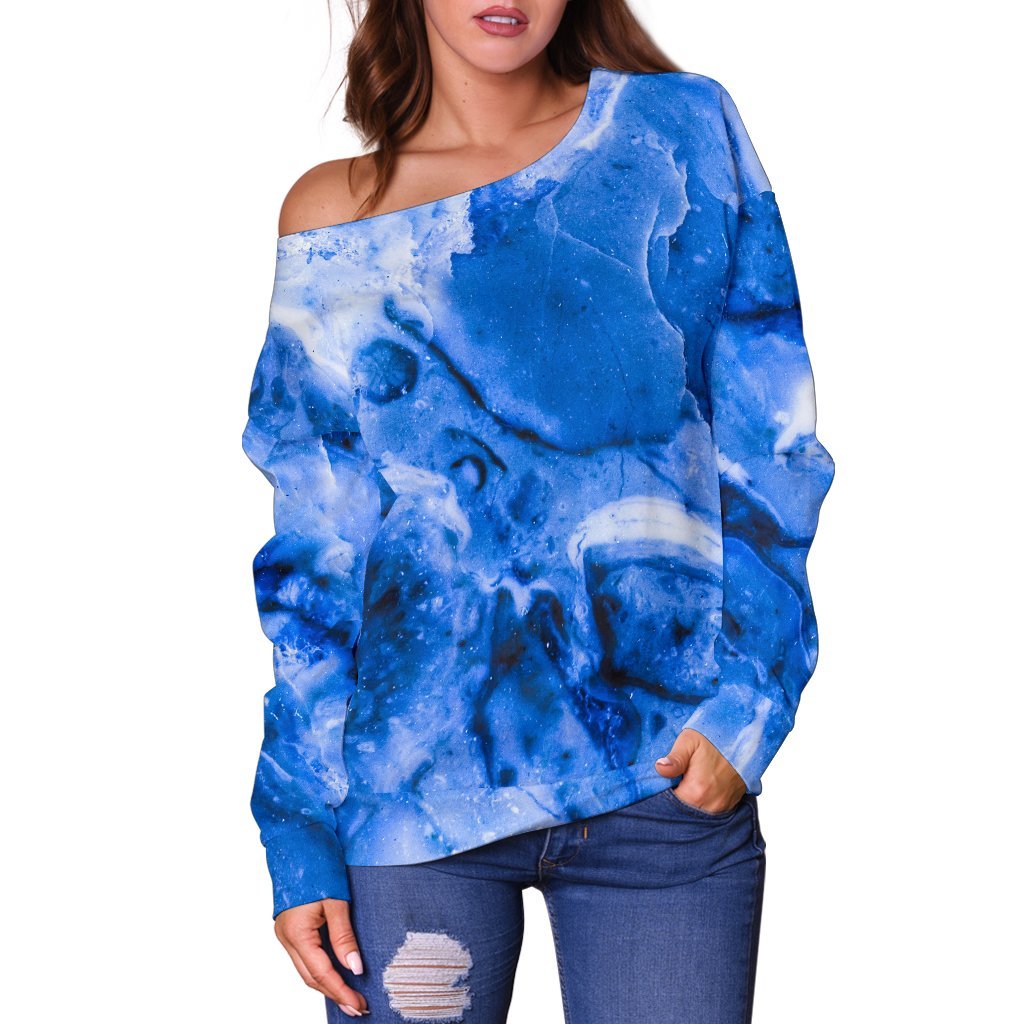 Blue Sapphire Marble Print Off Shoulder Sweatshirt GearFrost