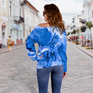 Blue Sapphire Marble Print Off Shoulder Sweatshirt GearFrost