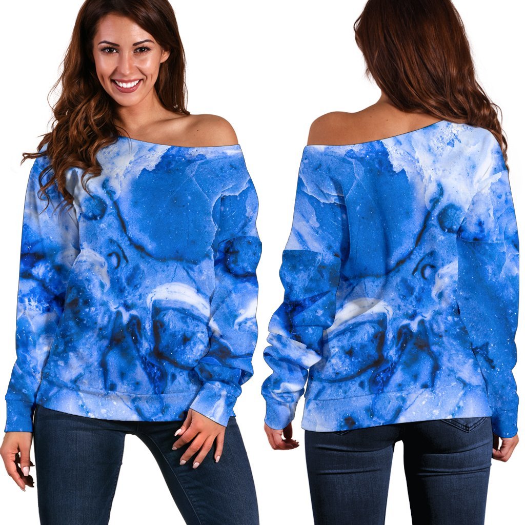 Blue Sapphire Marble Print Off Shoulder Sweatshirt GearFrost