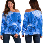 Blue Sapphire Marble Print Off Shoulder Sweatshirt GearFrost