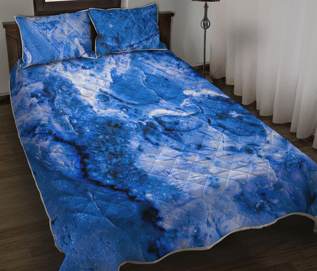 Blue Sapphire Marble Print Quilt Bed Set