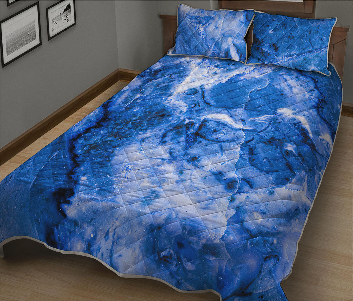 Blue Sapphire Marble Print Quilt Bed Set
