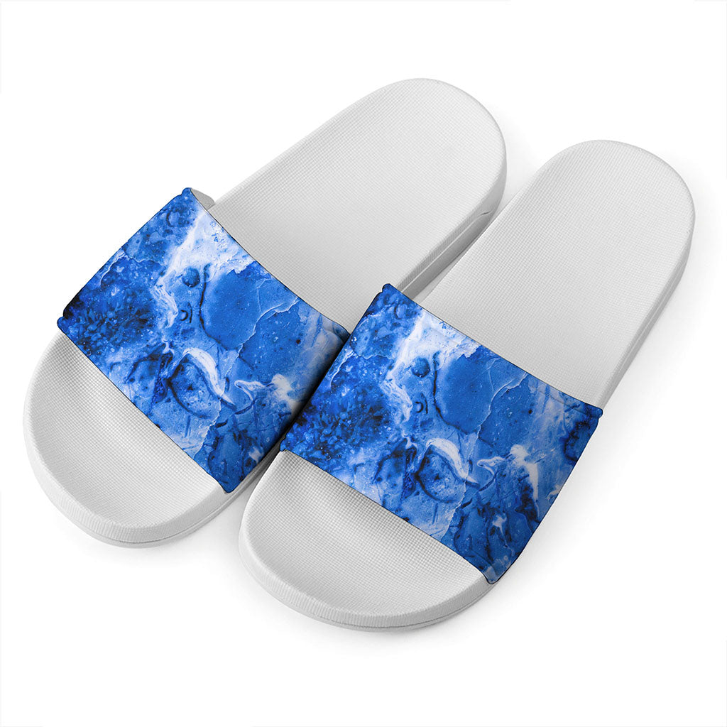 Blue Sapphire Marble Print White Slide Sandals