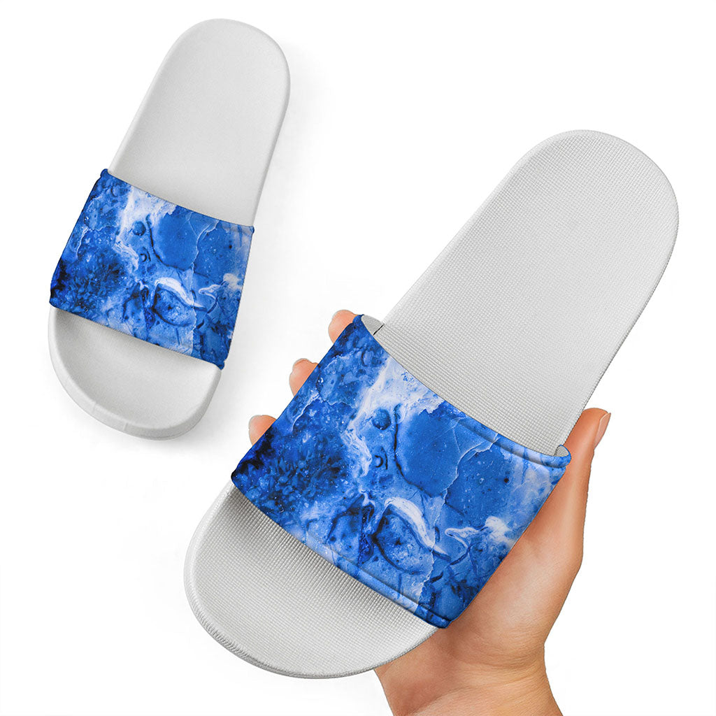Blue Sapphire Marble Print White Slide Sandals