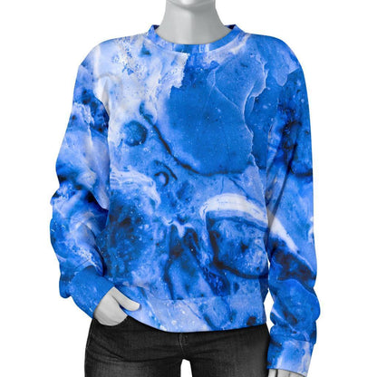 Blue Sapphire Marble Print Women's Crewneck Sweatshirt GearFrost