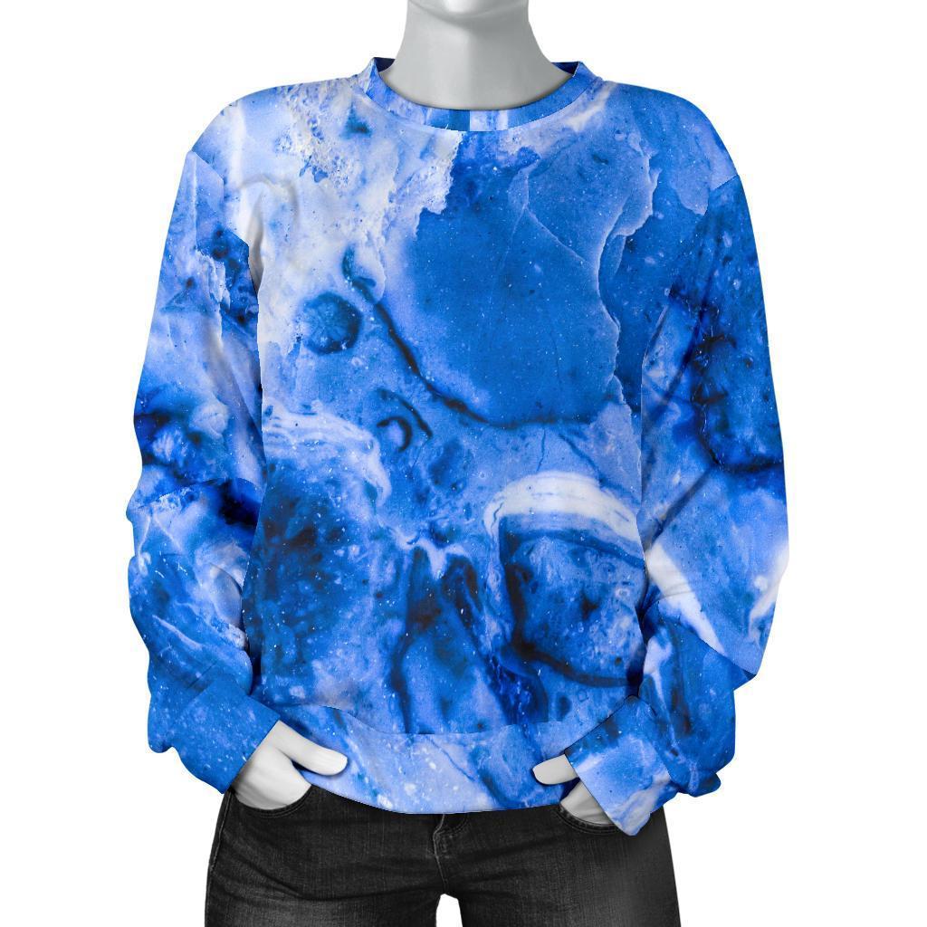 Blue Sapphire Marble Print Women's Crewneck Sweatshirt GearFrost