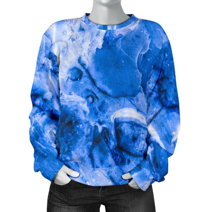 Blue Sapphire Marble Print Women's Crewneck Sweatshirt GearFrost
