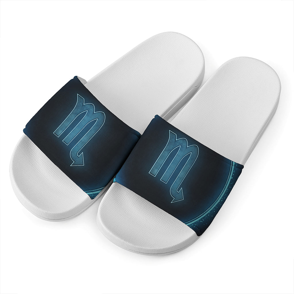 Blue Scorpio Zodiac Sign Print White Slide Sandals