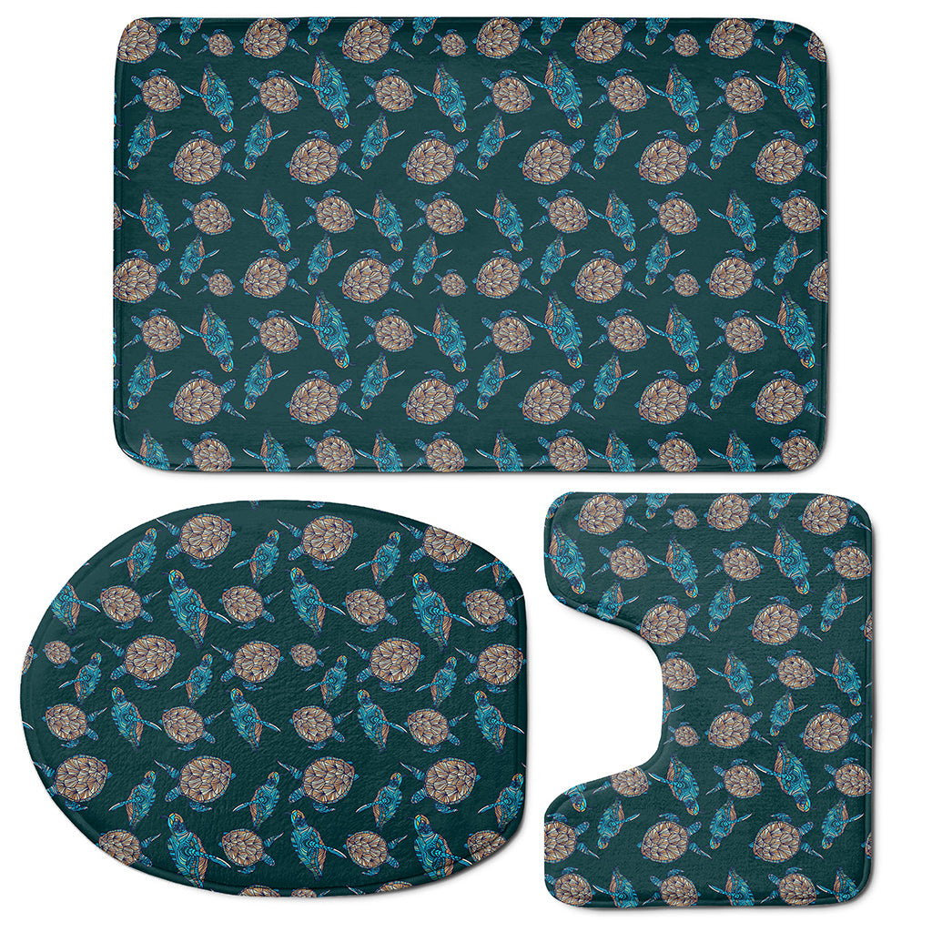 Blue Sea Turtle Pattern Print 3 Piece Bath Mat Set