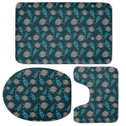 Blue Sea Turtle Pattern Print 3 Piece Bath Mat Set