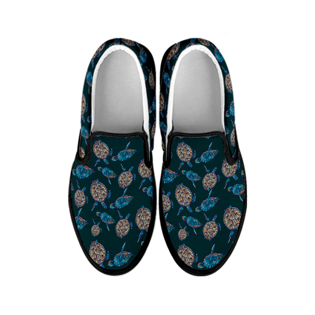 Blue Sea Turtle Pattern Print Black Slip On Shoes