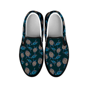 Blue Sea Turtle Pattern Print Black Slip On Shoes