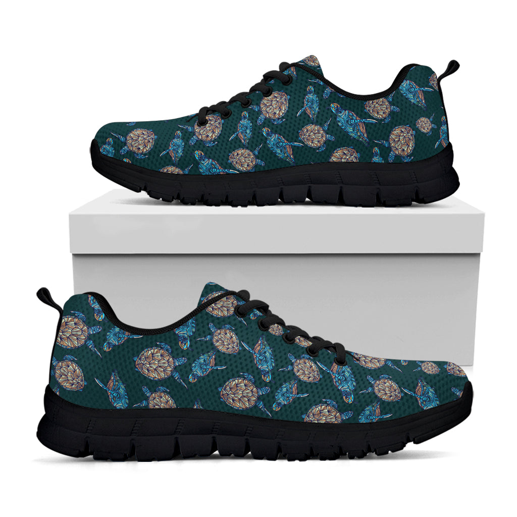 Blue Sea Turtle Pattern Print Black Sneakers