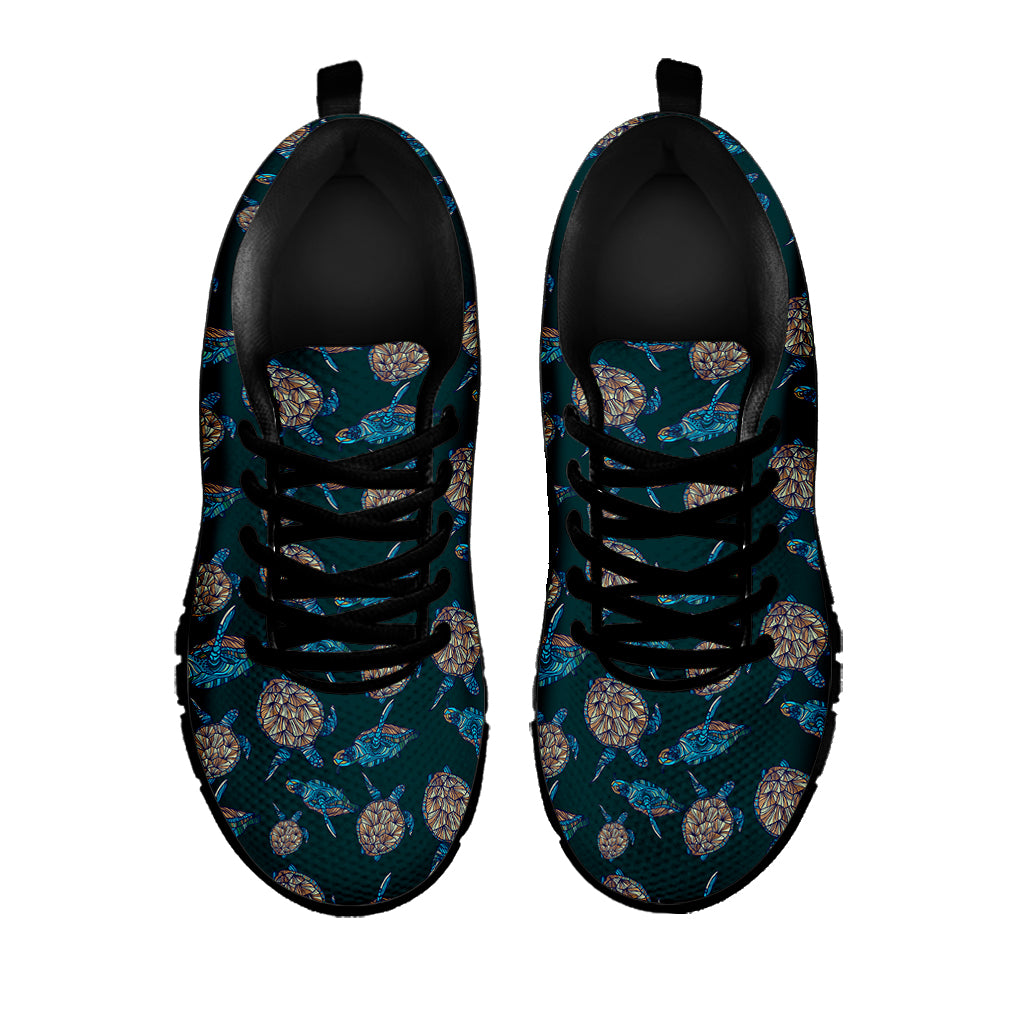 Blue Sea Turtle Pattern Print Black Sneakers