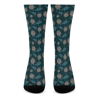 Blue Sea Turtle Pattern Print Crew Socks
