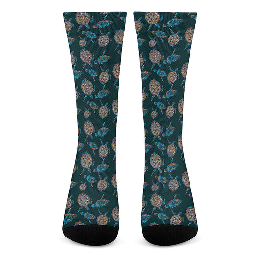 Blue Sea Turtle Pattern Print Crew Socks