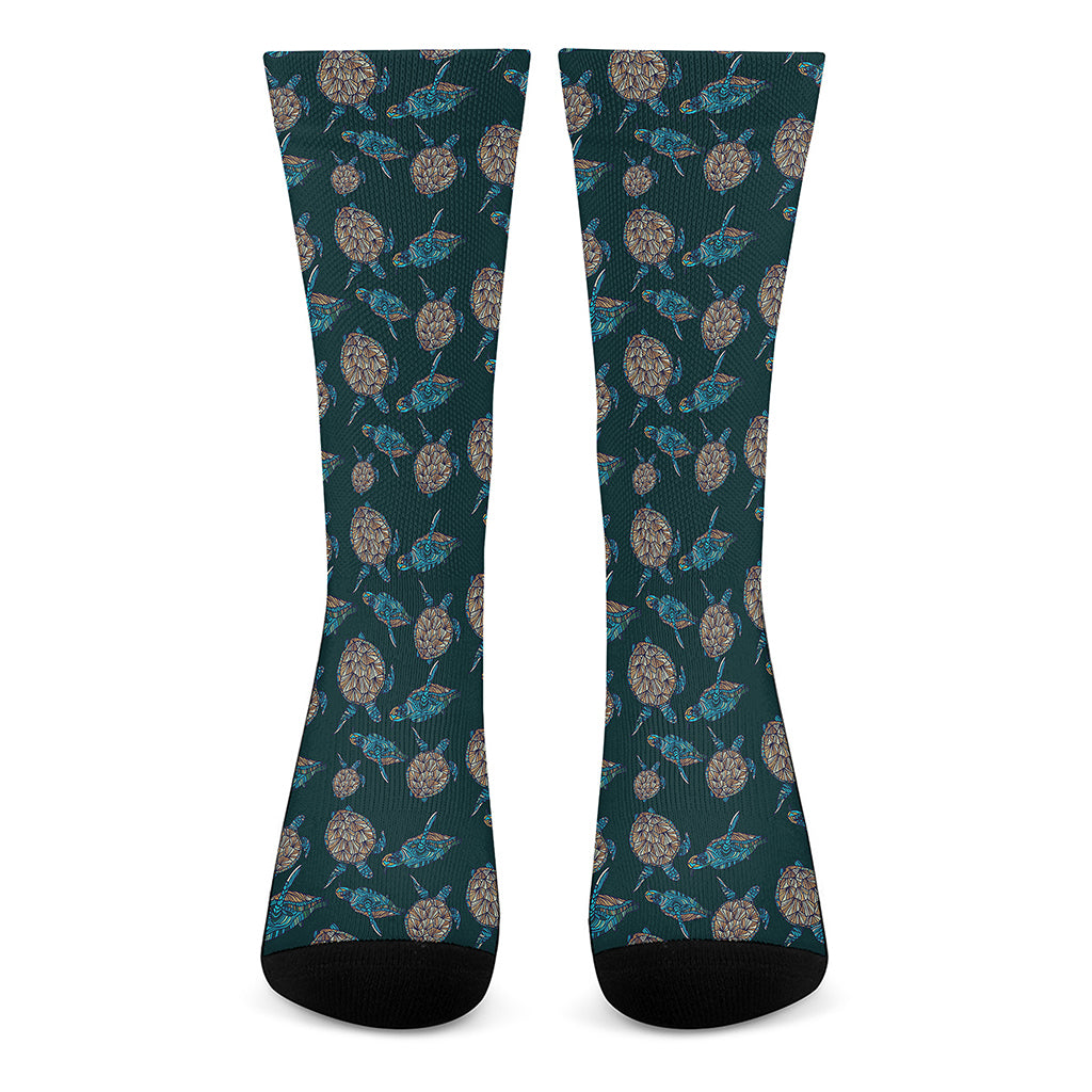 Blue Sea Turtle Pattern Print Crew Socks