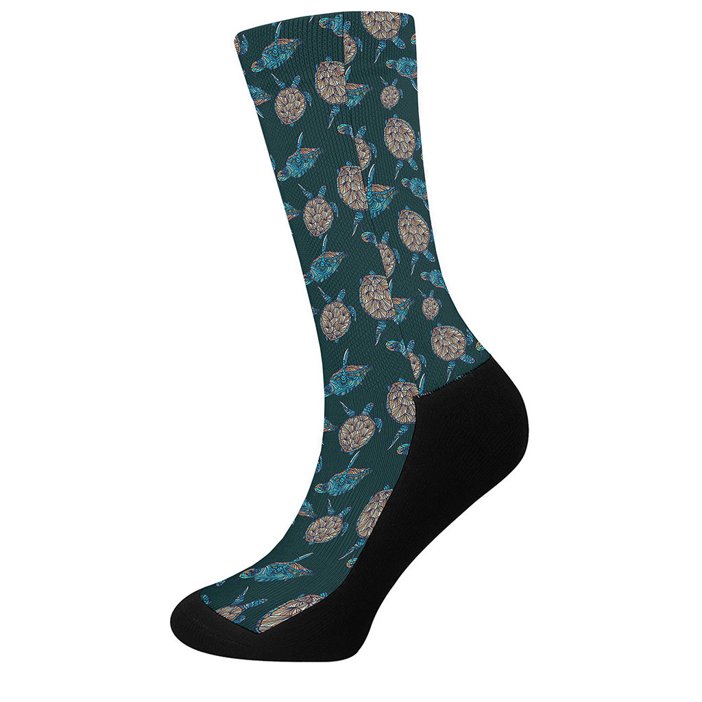 Blue Sea Turtle Pattern Print Crew Socks