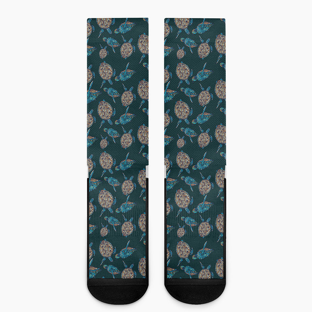 Blue Sea Turtle Pattern Print Crew Socks