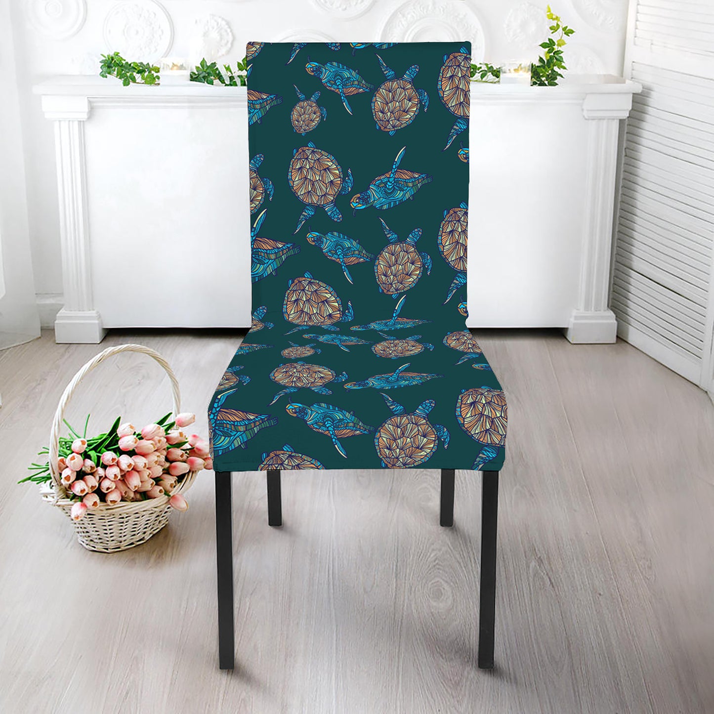 Blue Sea Turtle Pattern Print Dining Chair Slipcover