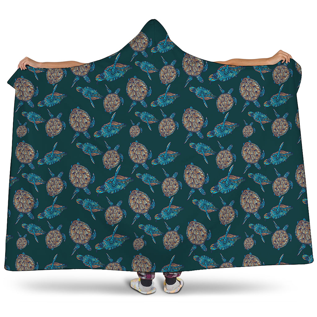 Blue Sea Turtle Pattern Print Hooded Blanket