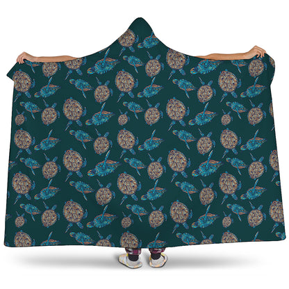 Blue Sea Turtle Pattern Print Hooded Blanket