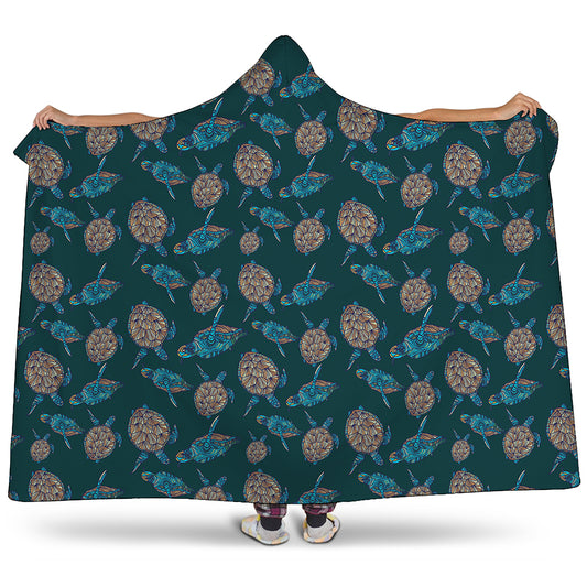 Blue Sea Turtle Pattern Print Hooded Blanket